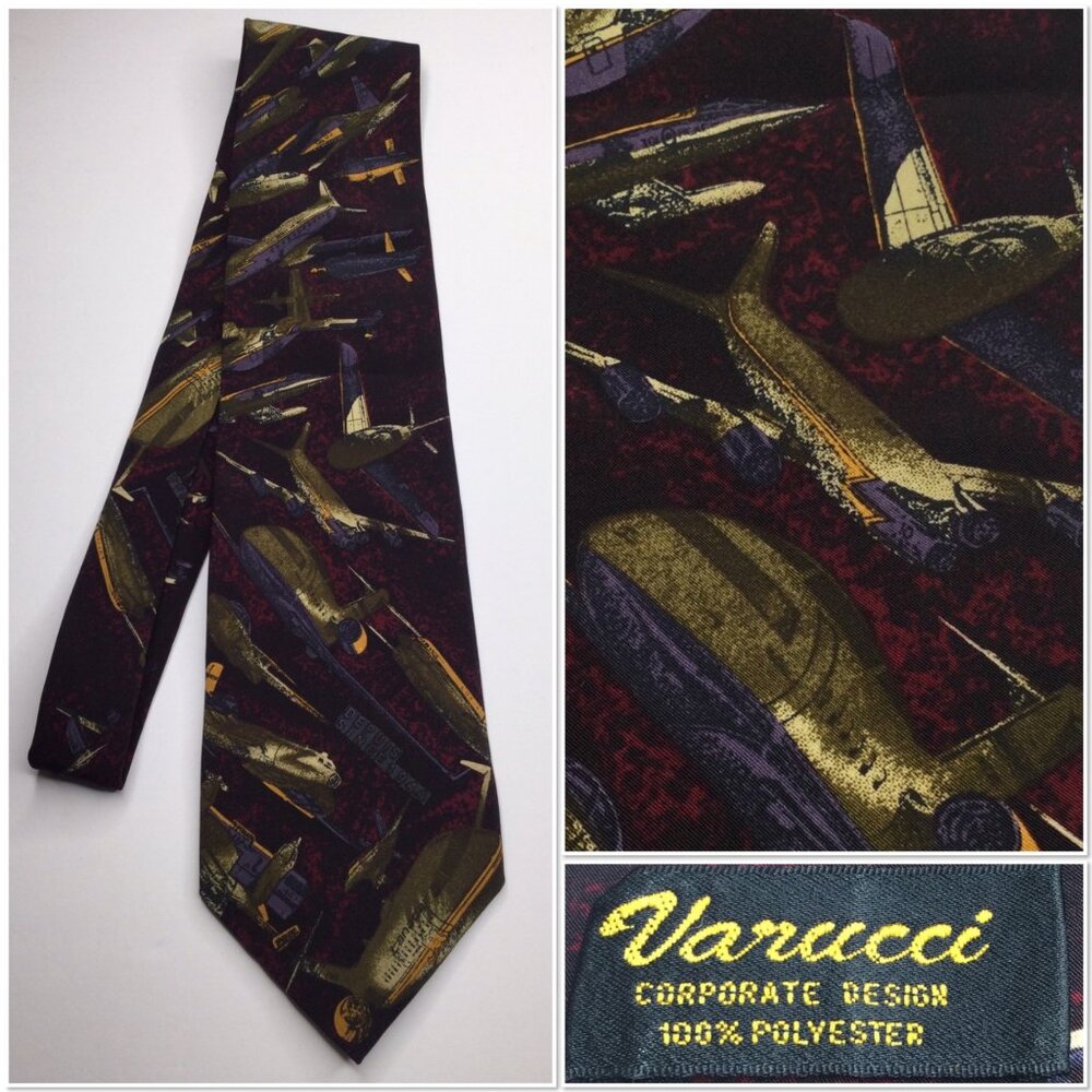 VTG Varucci Corporate Design Airplane Print Tie Polyester Old Money Preppy Pilot